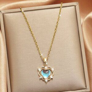 18K Gold Plated Stainless Steel Spike Caged Cat Eye Heart Necklace